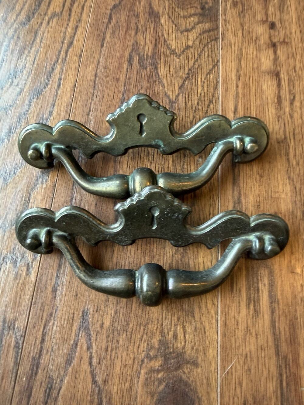 VTG Winter Product Co Large Brass Drawer Pulls Pair 7" Keyhole Backplate Bail
